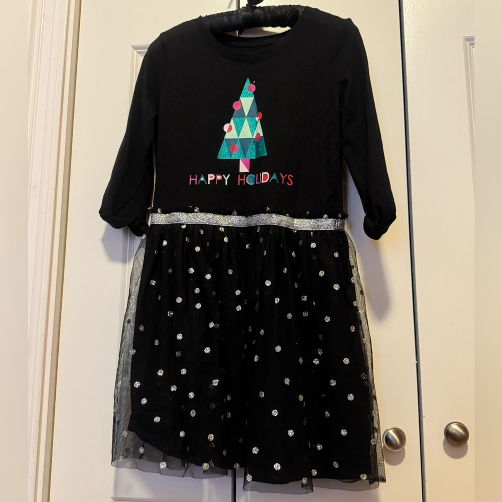 Cat & Jack Girls 10/12 Black Holiday Tulle Dress Glitter Polka Dots Large